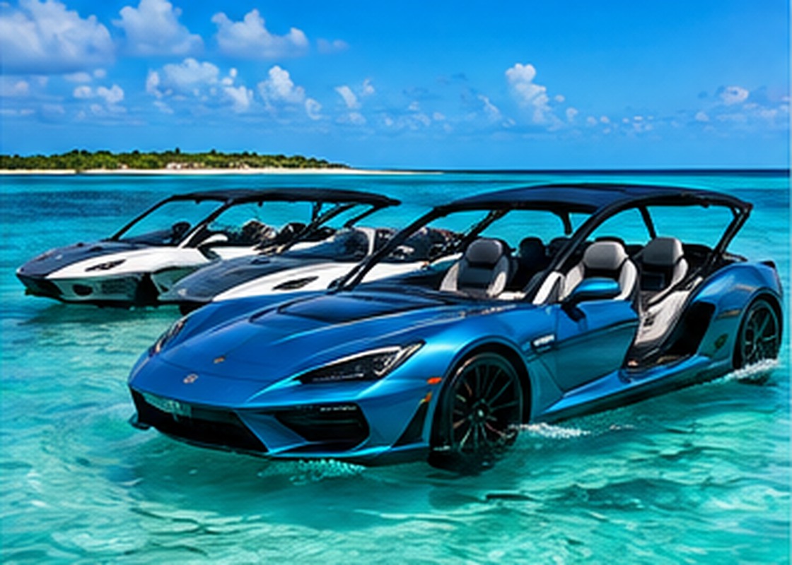 Illustrative concept of jet-car style boats in turquoise water