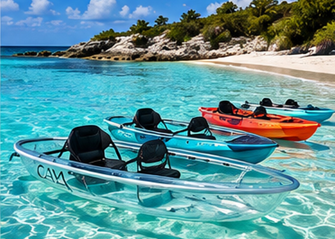 Illustrative concept of clear-bottom and colorful kayaks in turquoise water